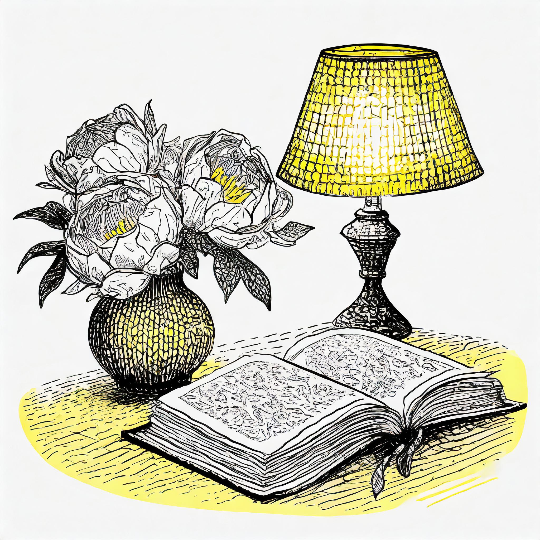 a Bible and flowers near a lamp on a table